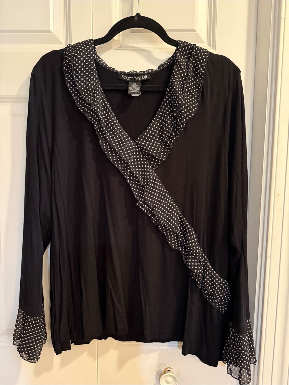 SCOTT TAYLOR Black Long-Sleeve V-Neck Top with Polka Dot Ruffle